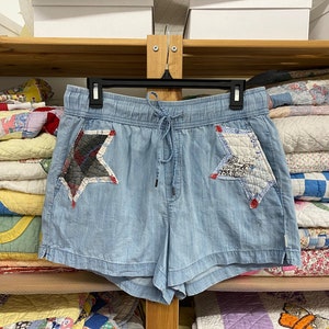 Repurposed Gap Drawstring Denim Chambray Shorts Upcycled Quilt Vintage Quilt Cottage Core Boho Patchwork Jean
