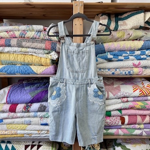 Repurposed Light Wash Risen Denim Overalls Shorts Shortalls Upcycled Vintage Quilt Patchwork Boho Quilt Patches Flower Patch Quilt Overalls
