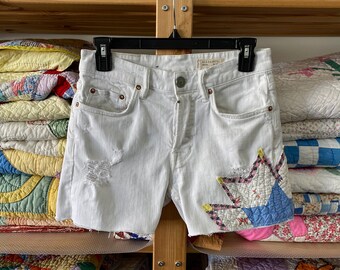 Repurposed All Saints White Denim Cutoff Shorts Upcycled Quilt vintage Quilt Cottage Core Boho Patchwork Jean Cutoffs