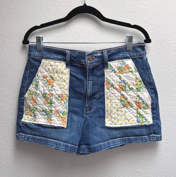 J.Crew, Repurposed J Crew Denim Utility Shorts: Vintage Ocean Waves Quilt Pockets