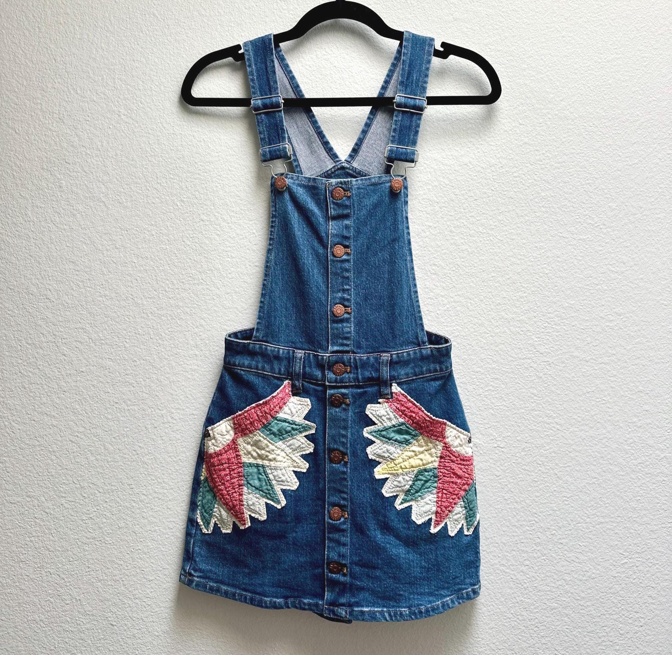 Madewell, Repurposed Madewell Denim Overalls Skort: Upcycled Nautical Star Quilt Patches