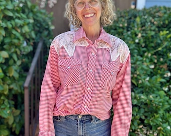 Vintage H Bar C Western Snap Front Shirt: Quilt Star Shoulder Patches