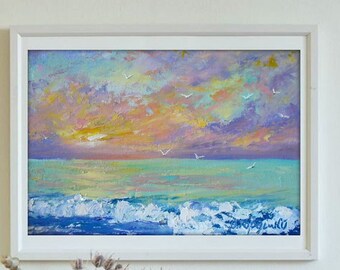 Seelandschaft ORIGINAL Ölgemälde auf Leinwand, bunt orange Sonnenuntergang, Kalifornien Küste, kleines Gemälde, Meer mit Wellen, handgemalt
