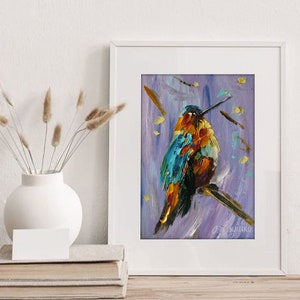 Pintura al óleo original de pájaro, mini pájaro, pájaro multicolor, empasto sobre lienzo, ideas de regalo personalizadas, ilustración de pájaro, arte de pared