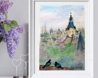 Spring cityscape ORIGINAL WATERCOLOR Painting old town painting, pigeons, clouds, sky ukrainian landscape hand painted