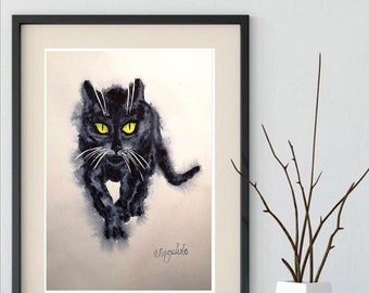 Gatto nero pittura ad acquerello opera d'arte gatto nero originale arte ritratto dell'animale domestico gatto nero birichino NON è un'arte stampa per amante dei gatti regalo gatto nero