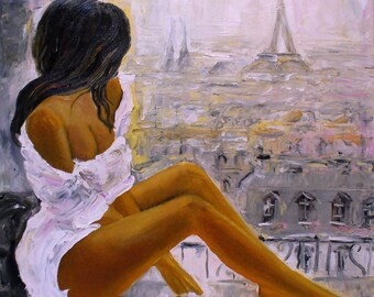 Original Ölgemälde Paris Dächer Frau Eiffelturm Impressionistisches Kunstwerk