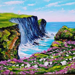 Ireland landscape, sheep ORIGINAL oil painting, ocean, english landscape, impasto, hand painted