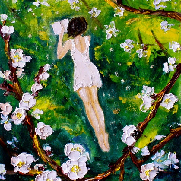 Jardin fleuri ORIGINAL peinture à l'huile sur toile livre de lecture fille en robe blanche pommiers en fleurs paysage de printemps impressionniste
