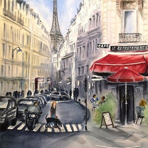 Paris ORIGINAL watercolor painting, France, cityscape, parisian cafe, summer, gift for traveler, hand painted