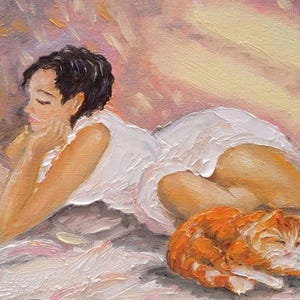 Livre de lecture pour femme, peinture à l'huile ORIGINAL, femme avec un chat, petite peinture dans un cadre doré, panneau de toile, peint à la main, cadeau pour amoureux des chats