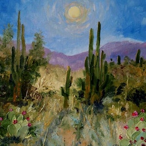 Saguaro National Park ORIGINAL oil painting on canvas board,   desert, night, Arizona, USA, cacti, American landscape, hand painted