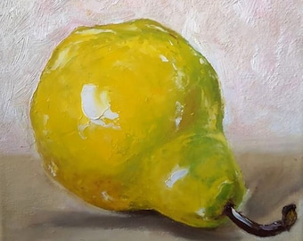 Grüne Birne, original Ölgemälde auf Leinwand, kleines Bild 20×20, Stillleben, Obst, handgemalt