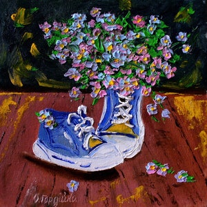 Shoes oil painting canvas, linen shoes sneakers, impasto, hand painted
