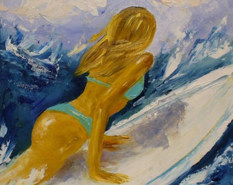 Surfer girl ORIGINAL oil painting on canvas, surfing, wave, abstract, impasto, hand painted