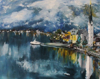 Hallstatt Österreich ORIGINAL ÖL Gemälde Österreich See Winter pastos Schnee Berglandschaft