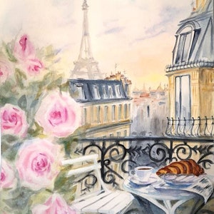 Morning coffee in Paris ORIGINAL watercolor painting, Parisian rooftops, balcony, Tour Eiffel, gift for traveler, hand painted