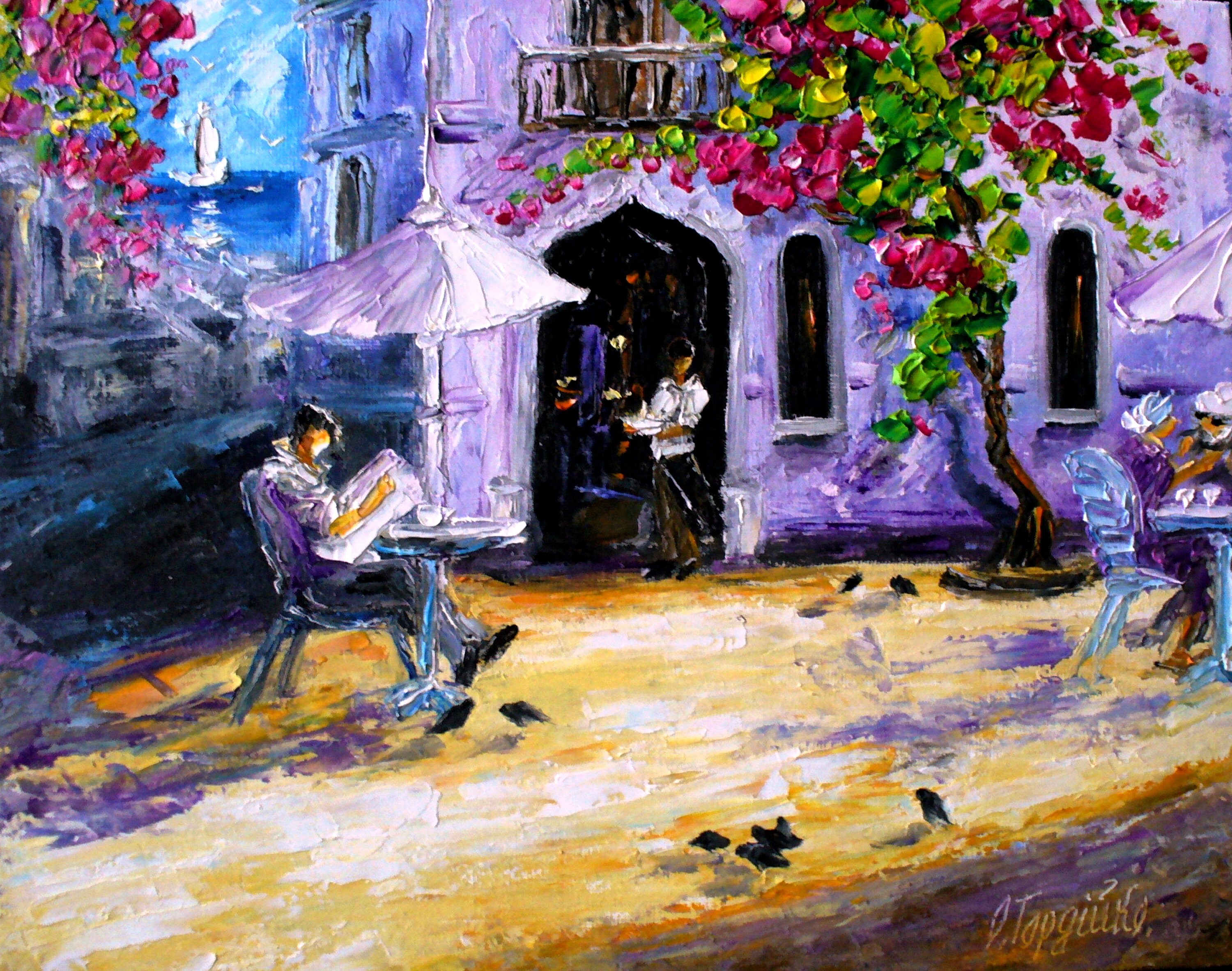Original Oil Painting Greece Street Cafe – Hand Painted Artwork by