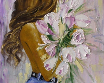 ORIGINAL Oil Painting on Canvas Morning Woman with Bouquet tulips Girl with Flowers Romantic sensual pose
