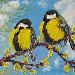 Yellow birds ORIGINAL oil painting on canvas, titmouse, blue sky, spring, hand painted