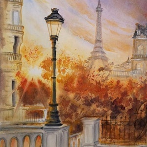 October in Paris ORIGINAL watercolor painting Eiffel Tower France Cityscape autumn landscape gift for traveler