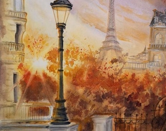 オリジナルの水彩画、エッフェル塔、パリのメリーゴーランド、秋