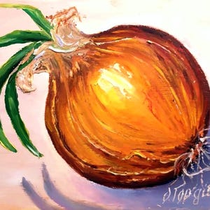 Pintura a óleo ORIGINAL de cebola em moldura, arte de cozinha, natureza morta vegetal, decoração de parede, pintada à mão