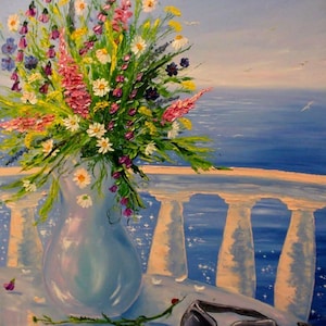 Original Ölgemälde auf Leinwand: Sonnenaufgang, Blumen, Meeresbrise