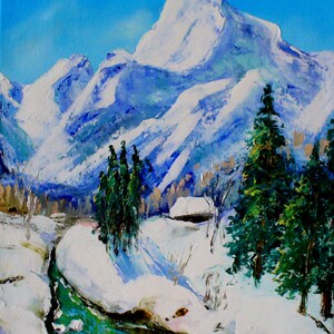 Winter Mountains ORIGINAL Oil Painting: Log Cabin Creek Landscape, 12x9&quot; Canvas