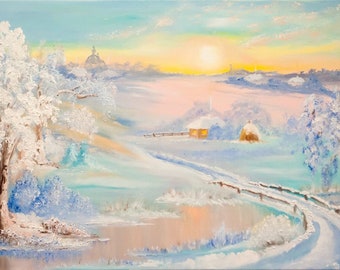 Dipinto ad olio originale Inverno, Mattina gelida – Opera dipinta a mano da Oksana Gordijko – Pezzo unico