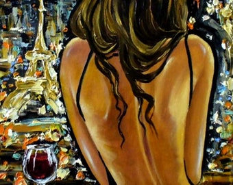 Paris Night Cityscape Oil Painting: Woman with Wine, Eiffel Tower