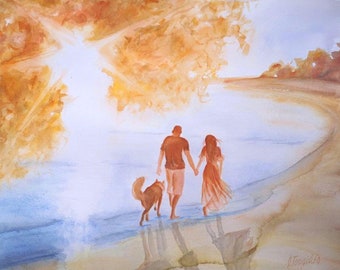 Walking the Dog on the Beach ORIGINAL WATERCOLOR  Summer atmospheric morning Brown Frame