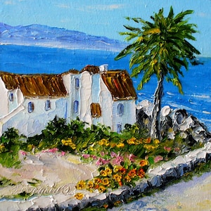 Seascape Grécia casas brancas palmeira pintura a óleo ORIGINAL seascape arte da ilha grega