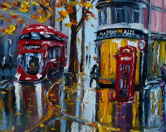 Original oil painting Autumn London, Red Bus – Hand Painted Artwork by Oksana Gordijko – One of a Kind