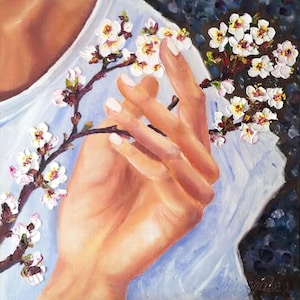 Mano de niña y ramita floreciente PINTURA AL ÓLEO ORIGINAL, árboles florecientes de primavera, rama de flores, realista, estado de ánimo primaveral, romántico, pintado a mano