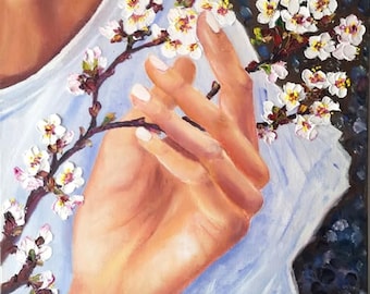 小川のほとりで - ウィリアム・ブグローの手描き油絵複製、花輪を持っ