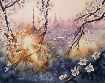 Prague Wall Art, Watercolor Cityscape, Prague Painting, Czech Republic Art, European City Decor, Travel Wall Art