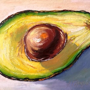 Pintura a óleo ORIGINAL de abacate, natureza morta, pequena pintura de fruta em moldura, pintura de meio abacate, arte de cozinha, pintada à mão