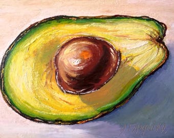 アボカドの油絵 アボカド油絵、アボカド静物画、8x8インチキャンバス、小さな