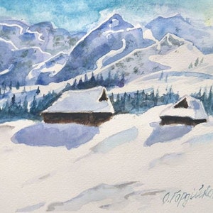 Alpine winter ORIGINAL watercolor painting in a frame, chalet, mountains, snow covered house, winter, sunny landscape, hand painted