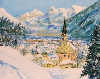 Austria Winter ORIGINAL oil painting snow landscape mountains Winter Alpine Art Christmas in Austria snowy day snow village churh in snow