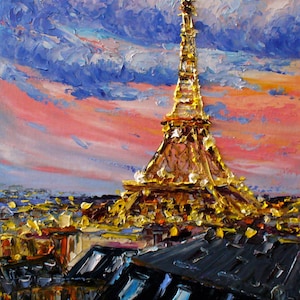 Evening windows of Paris ORIGINAL oil painting on canvas, rooftops, sunset, cityscape, Eiffel Tower, gift for traveler, hand painted