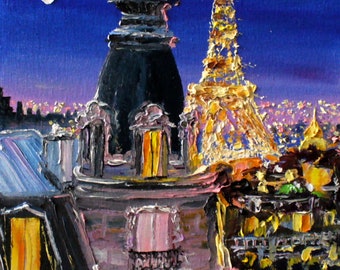 Fenêtres nocturnes de Paris, peinture à l'HUILE ORIGINALE sur toile, toits de Paris, paysage urbain nocturne atmosphérique, Tour Eiffel, cadeau pour voyageur