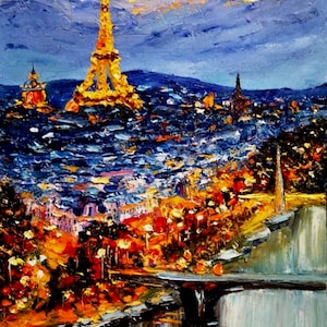 Paris Eiffel Tower Oil Painting: Evening Cityscape, France