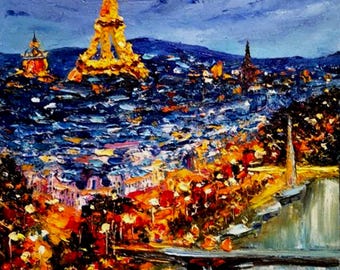 Quadri di Parigi, dipinto della Torre Eiffel, Parigi al tramonto, decorazioni romantiche parigine, paesaggio urbano francese, dipinto a olio originale