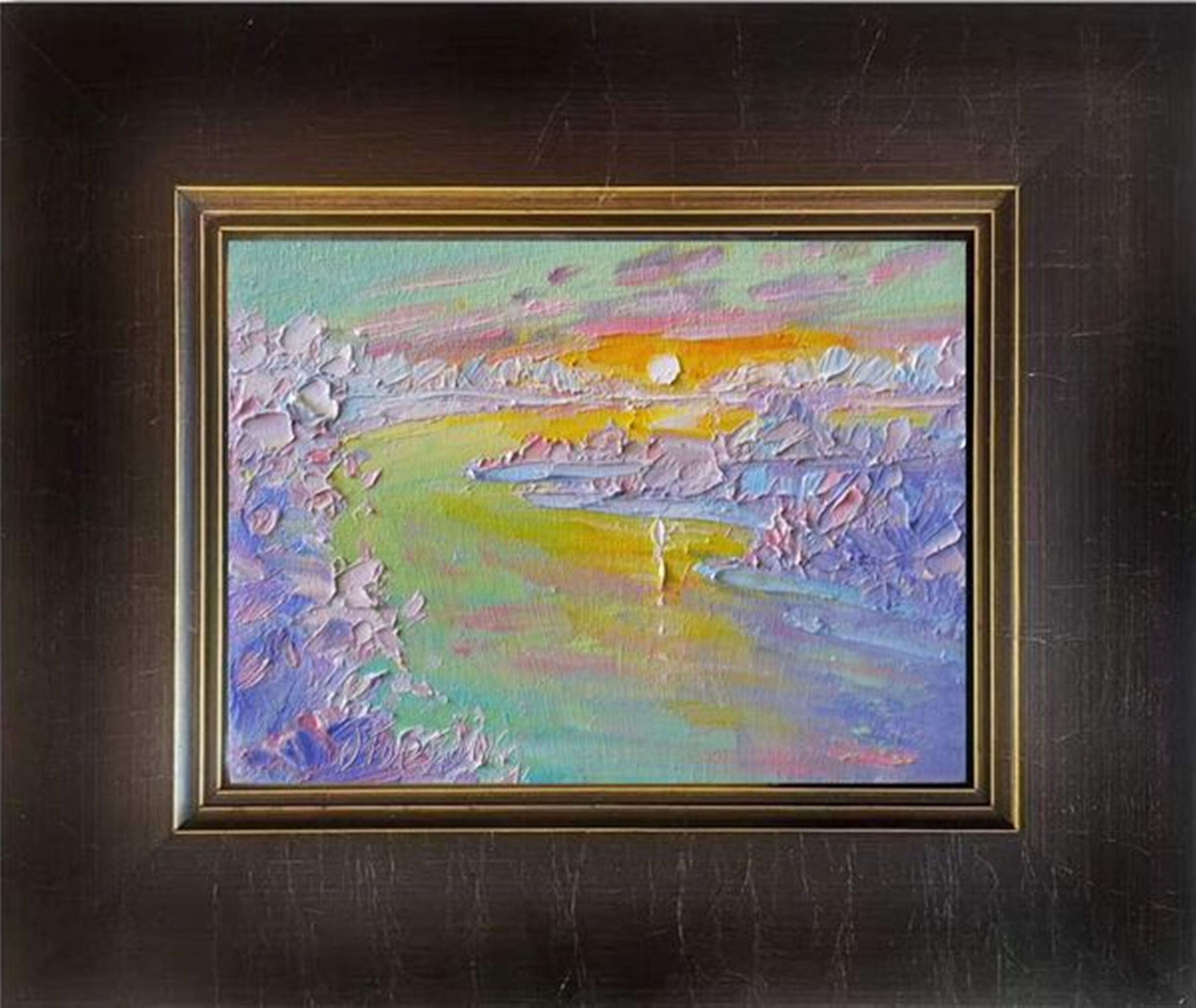Original Landscape Oil Painting of a Sunset Over a Fjord Filled