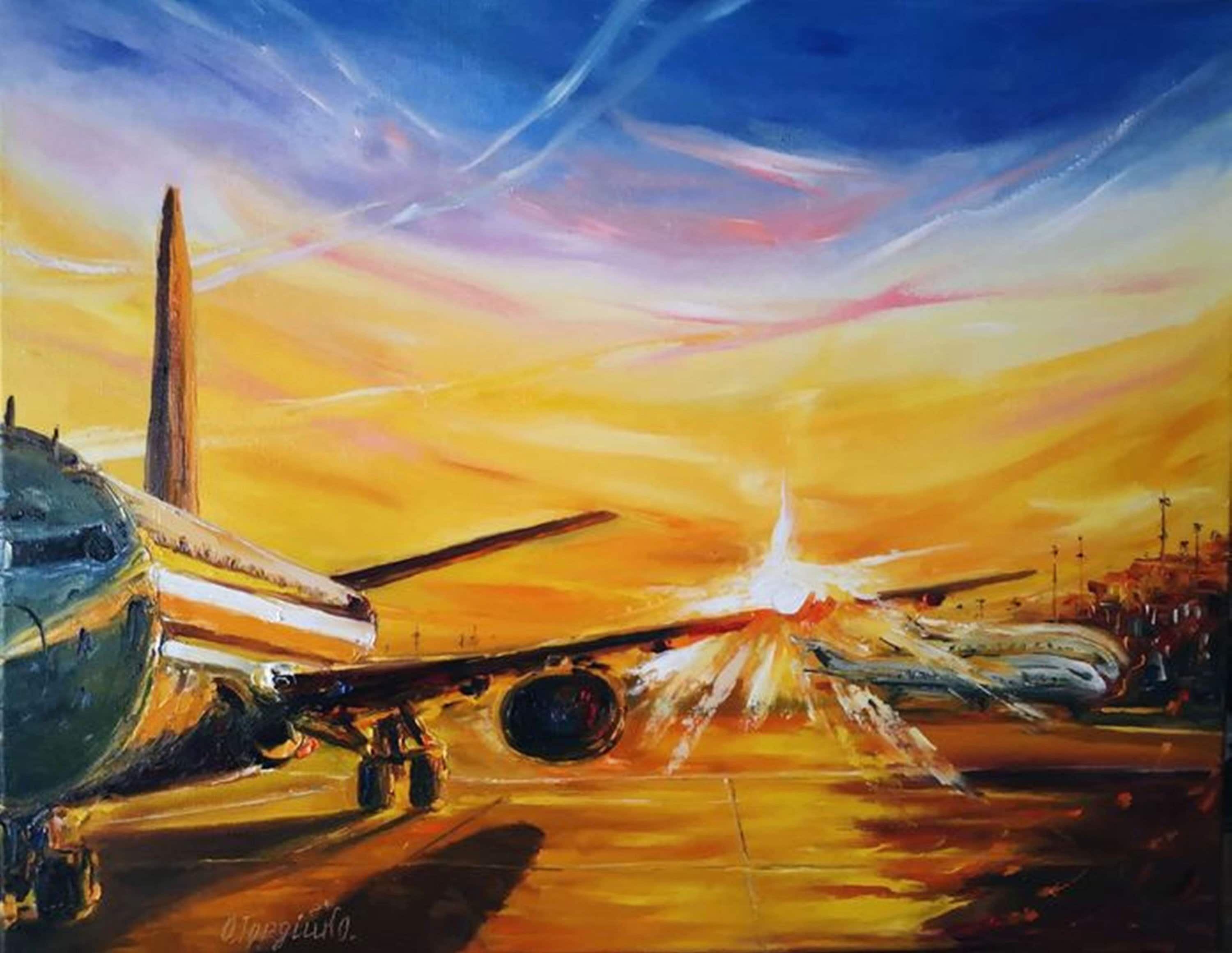Original Oil Painting Airplane Sunset, Airport Art, Pilot Gift