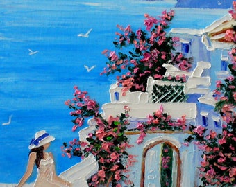 Santorini Grekland original oljemålning, havslandskap, handmålad