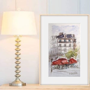 Paris street ORIGINAL watercolor painting in framed, France cityscape parisian cafe,  gift for traveler, Hand painted