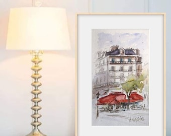 Aquarelle ORIGINAL de la rue de Paris encadrée, café parisien du paysage urbain de la France, cadeau pour voyageur, peint à la main